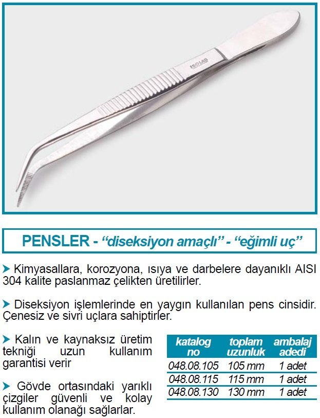 İSOLAB 048.08.105 pens diseksiyon sivri kıvrık